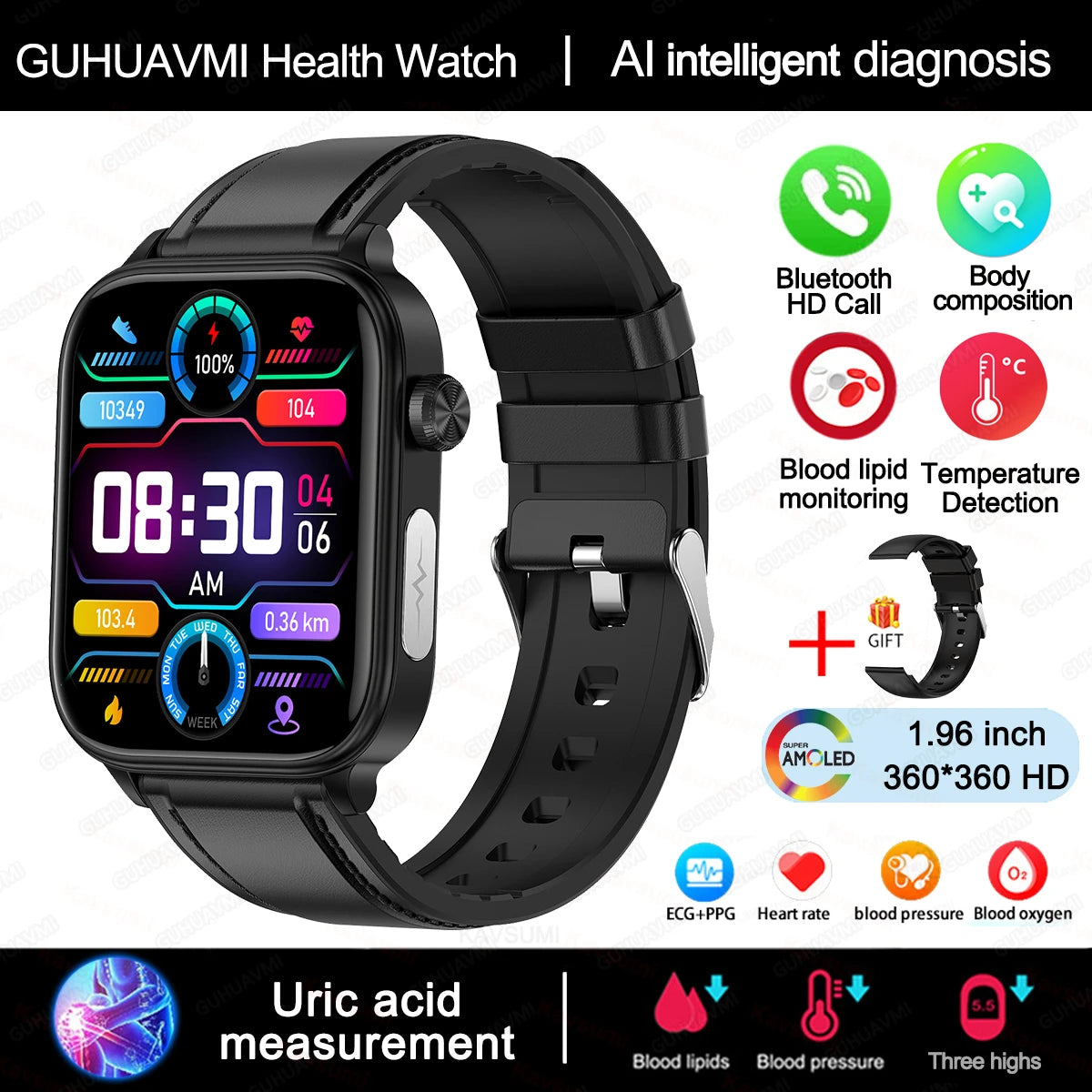 AI-Diagnosedetektor, Smartwatch für Damen, Blutfette und Harnsäure, Körpersammensetzungstest, Damen-Menstruationsgesundheits-Tracker, 2025, Neu