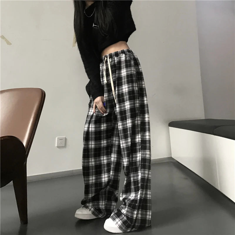Oversize Frauen Jogginghose Mode Schwarz Plaid Casual Hosen Baggy Elastische Taille Taschen Student Unisex Hip Hop Lose Hosen