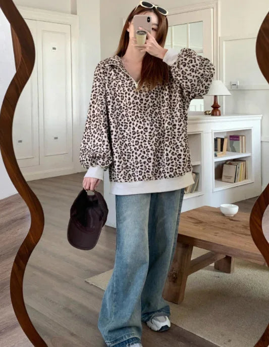 Damen Stehkragen Leopardenmuster Half Zip Mode Pullover Langarm Sweatshirt Herbst Winter Sudaderas Herbst Pullover Damen