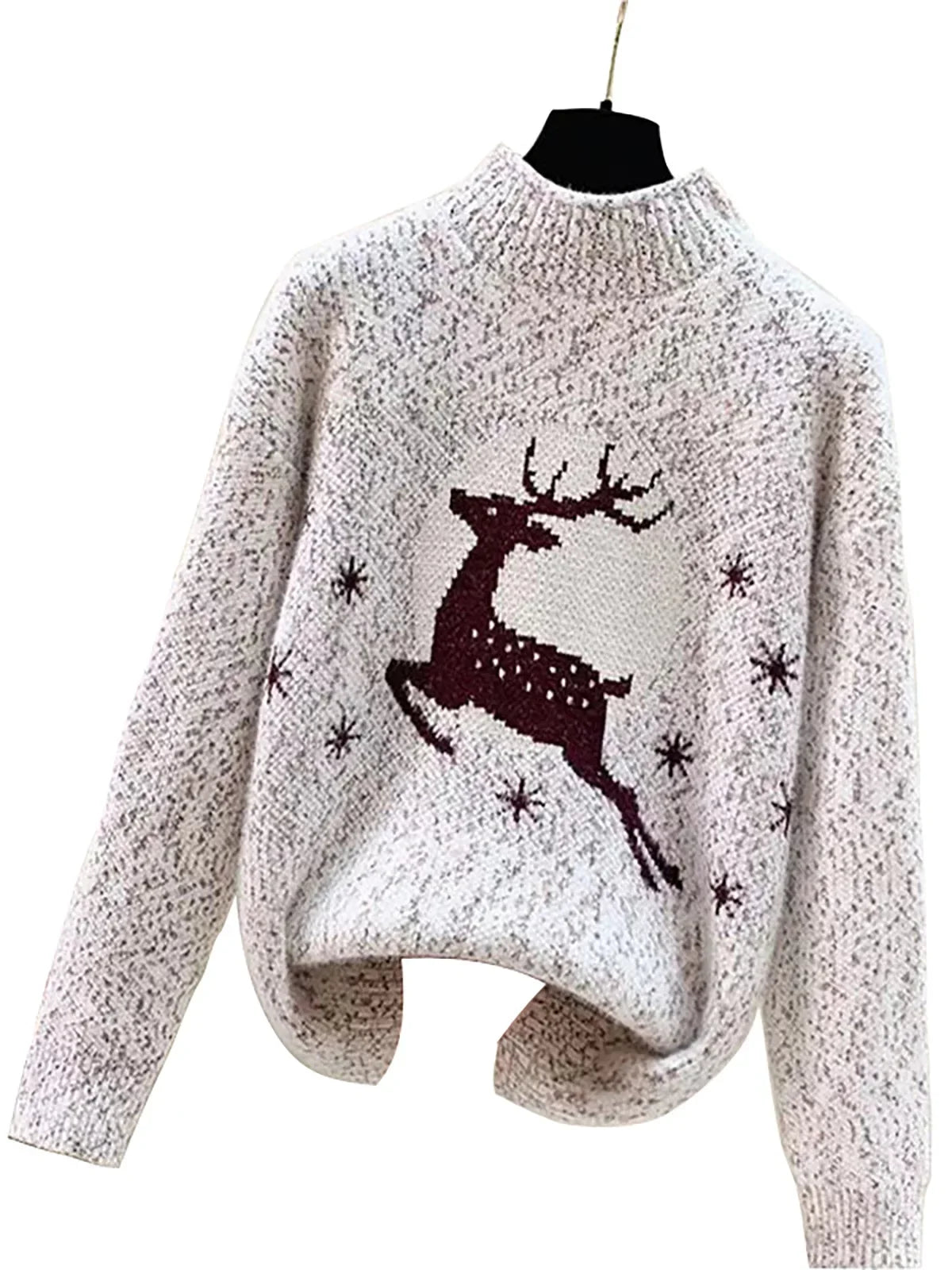 Vintage Herbstmode Damen Mittelhochgeschlossener Pullover mit Elch-Weihnachtsmotiv, Langarm-Sweater, Herbstkleidung für Frauen