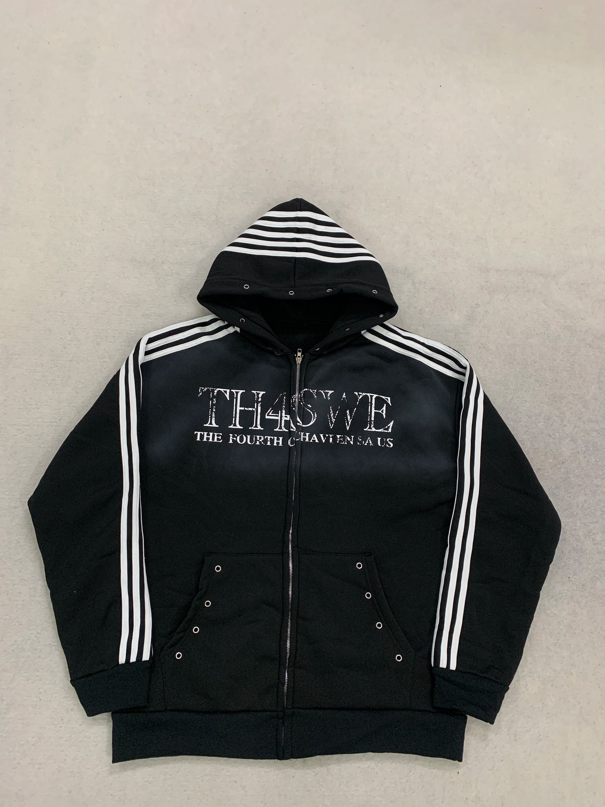 Kurze Kapuzenjacke mit Reißverschluss für Junge Männer, Oversized mit Fallenden Schultern, Gestreiften Ärmeln, Ösen-Taschen, Vintage-Schriftzug, Dunkler Street-Style für Teenager