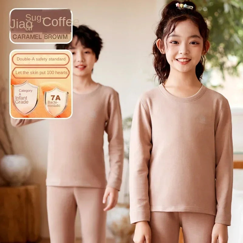 Herbst Winter Teenager Kinder Thermo-Unterwäsche Set Dicker doppelseitiger gebürsteter Stoff Jungen Mädchen Daunenseide Warme Unterwäsche Lange Unterhosen