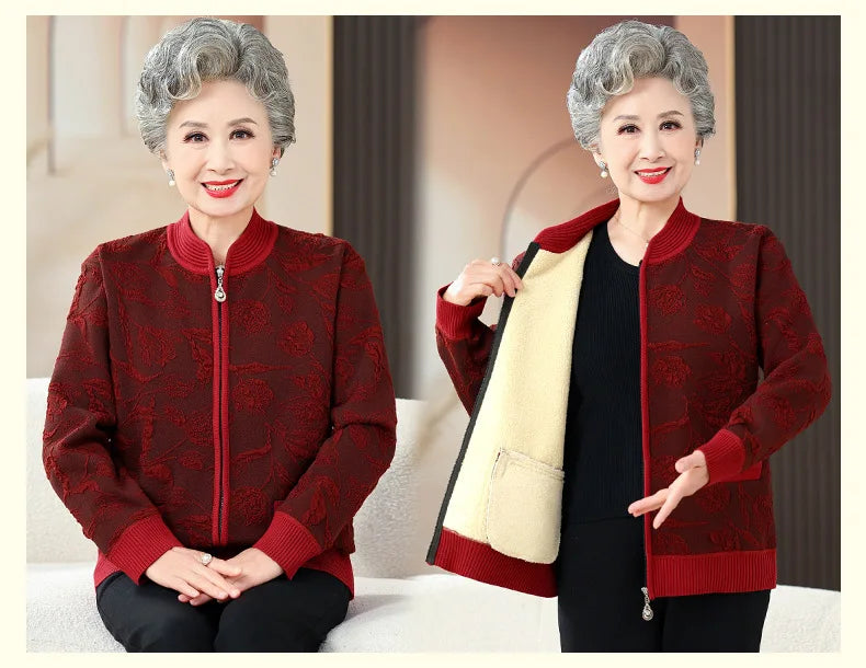 Plus Size Frauen drucken Strickjacke Mantel mittleren Alters Mutter schlanke Pullover Jacke Oma Winter Plüsch warme Kleidung