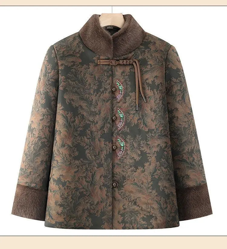 Damenmantel im chinesischen Stil mit Blumenmuster, gefüttert mit Fleece, aus Baumwolle, dicker Wintermantel, Tang-Anzugjacke für ältere Damen, Mütter und Großmütter.