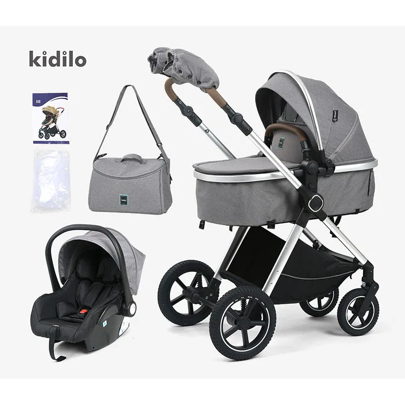 Drei-in-eins-Kinderwagen mit hoher Sicht und Autositz, Mamatasche, Kinderwagen zum Sitzen und Liegen, tragbarer Kinderwagen