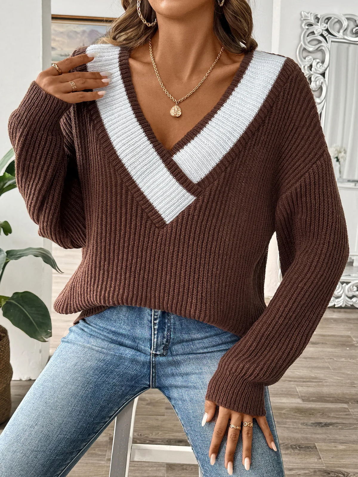 Frauen Invierno Pull Automne Femme Modische V-ausschnitt Lange ärmeln Lose Einfarbig Spleißen Pullover Pullover Herbst Modus Damen