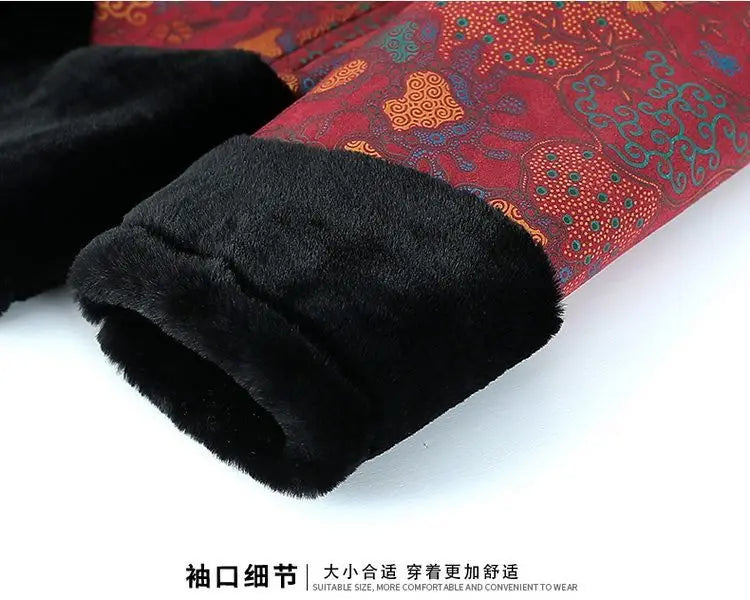 Chinesischer Stil, floraler, mit Fleece gefütterter Mantel für ältere Frauen, Kunstpelzkragen, Tang-Anzug, warme Winter-Oma-Oberbekleidung