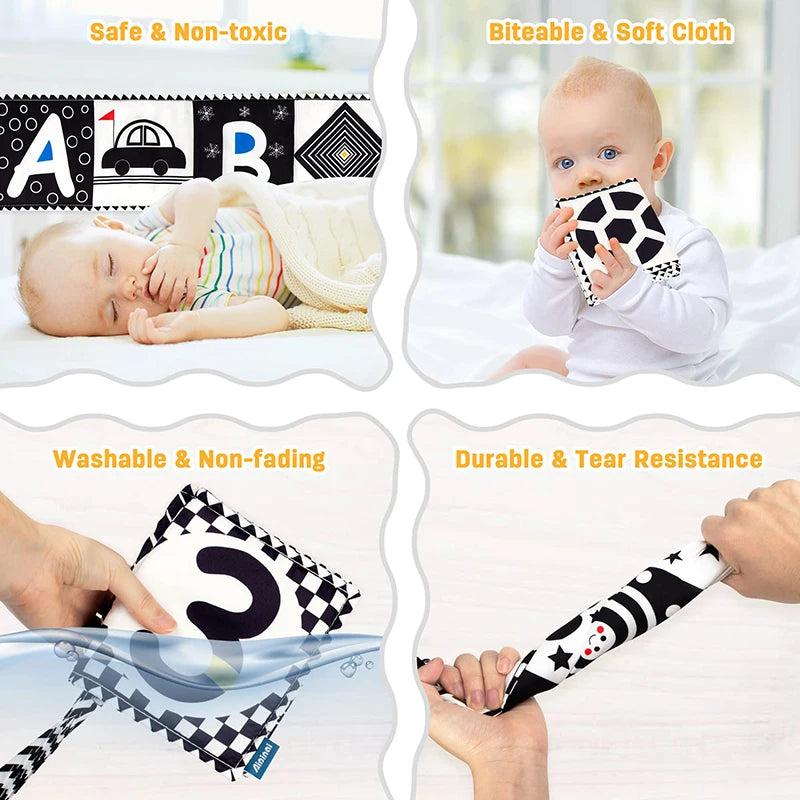 Baby-Stoffbuch, Spielzeug, Schwarz, Weiß, Aktivität, sensorische Bücher, Babys, Kinder, frühe Entwicklung, Montessori-Spielzeug, 0–12 Monate, Kleinkind-Geschenke