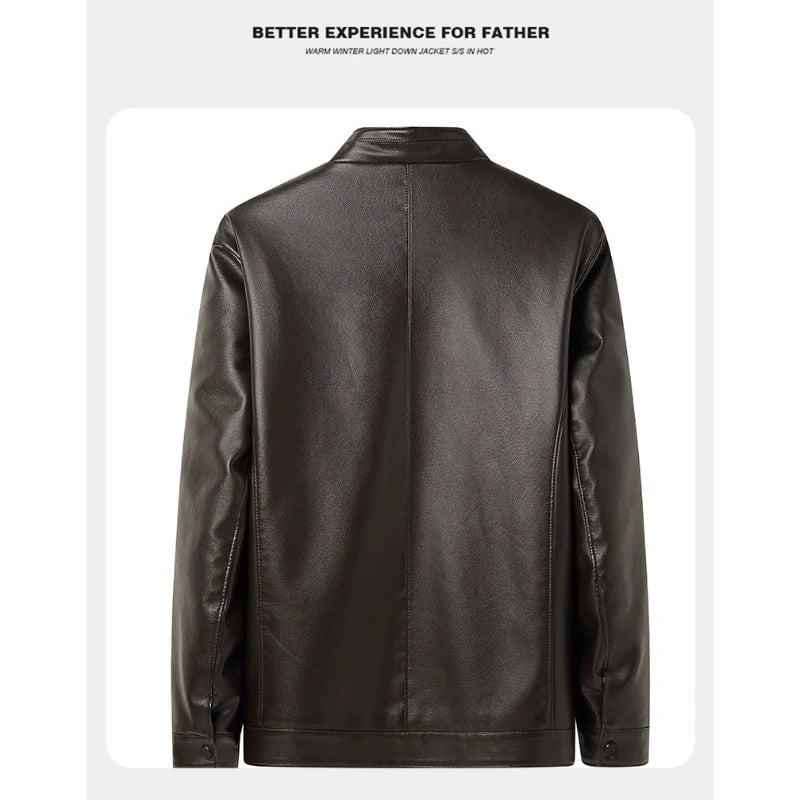 Verdickte Fleece-gefütterte Stehkragen Herren-Lederjacke Winter warmer Mantel für Papa und Opa PU-Leder City Style Casual Outwe