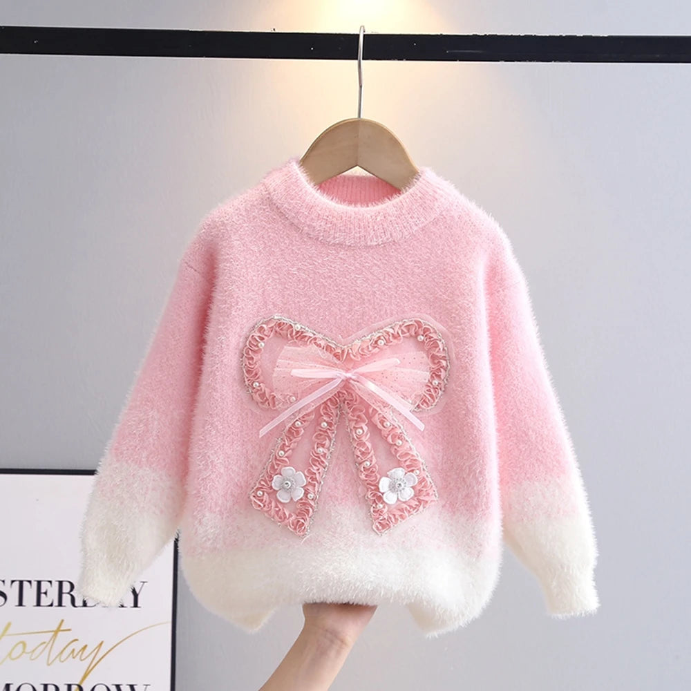 Herbst Winter Teenager Mädchen Pullover verdickt Kunst Nerz Pelz Kinder Strickpullover Junior Kinder 3D Fliege warme Basis Top Kleidung
