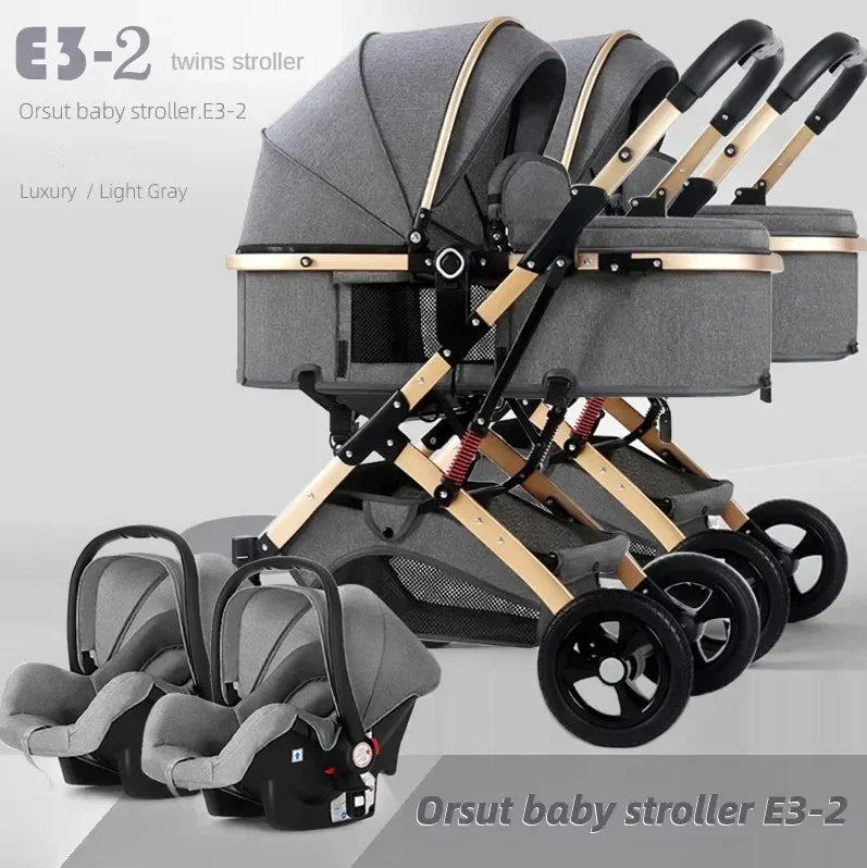 3-in-1-Zwillings-Kinderwagen mit Autositz, tragbarer faltbarer Kinderwagen mit hoher Sicht, Kinderwagen für Neugeborene, kann sitzen und liegen