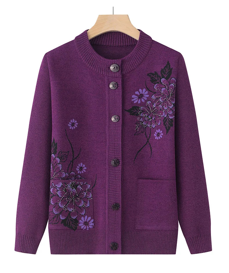 Koreanische frauen Kleidung Neue Stricken Woolen Gedruckt Strickjacke Mantel Mittleren Alters Mutter Strickwaren Tops Vintage Oma Pullover Jacke