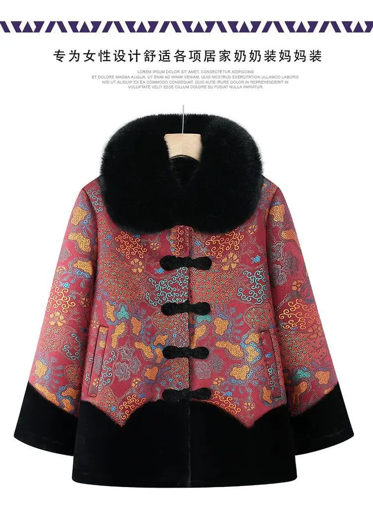 Chinesischer Stil, floraler, mit Fleece gefütterter Mantel für ältere Frauen, Kunstpelzkragen, Tang-Anzug, warme Winter-Oma-Oberbekleidung