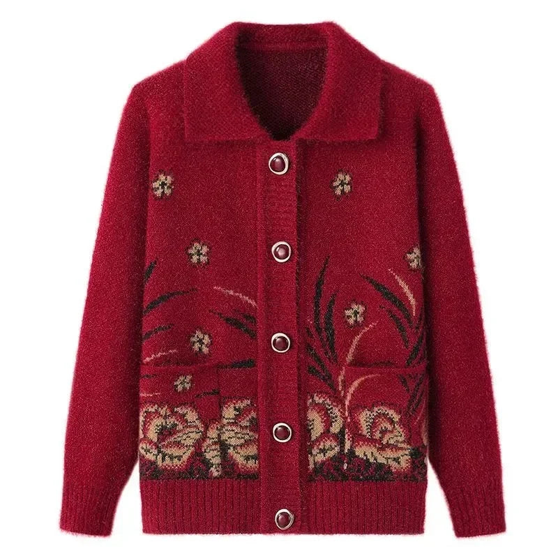 Mittelalterliche Mutter Strickjacke Pullover Mäntel Frühling Herbst Damen Langarm Strickwaren Oberteile 60-70 Jahre alte Oma Kleidung KX16