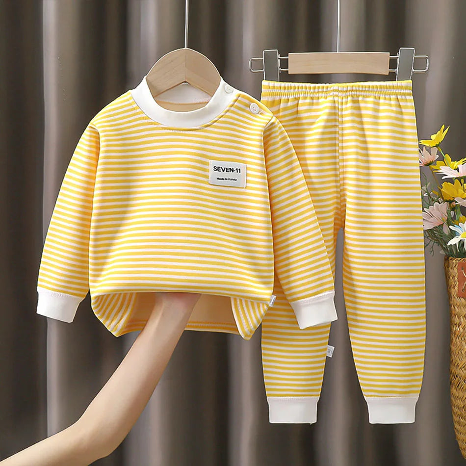 Warmes Baby-Kleidungsset mit Fleece-Futter für Kinder, Jungen und Mädchen, gestreifte Unterwäsche, Nachtwäsche-Set, ideal für Zuhause, Pyjamas, Herbst und Winter