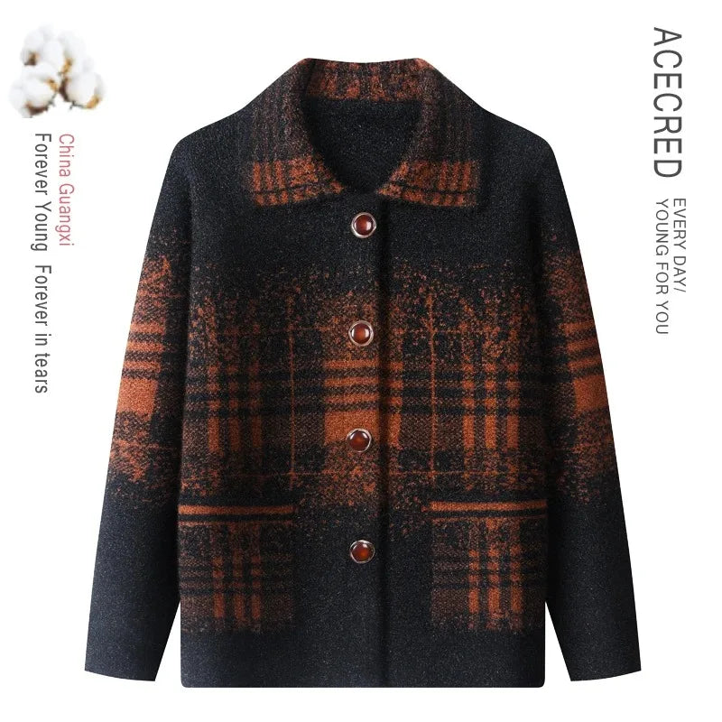 Strickjacke für Ältere Frauen mit Umlegekragen, Karomuster, Dick, Warm, mit Knöpfen, Wintermantel für Mütter und Großmütter