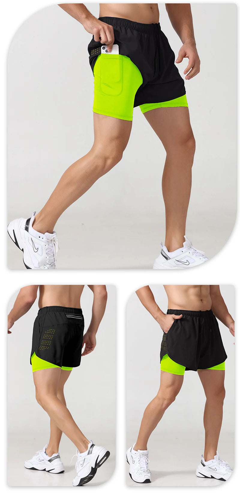 Männer Laufshorts Schnell trocknend Fitness Schwarz Doppel Schicht Shorts Männer Neue Sport Workout Training Bodybuilding Kurze Hosen
