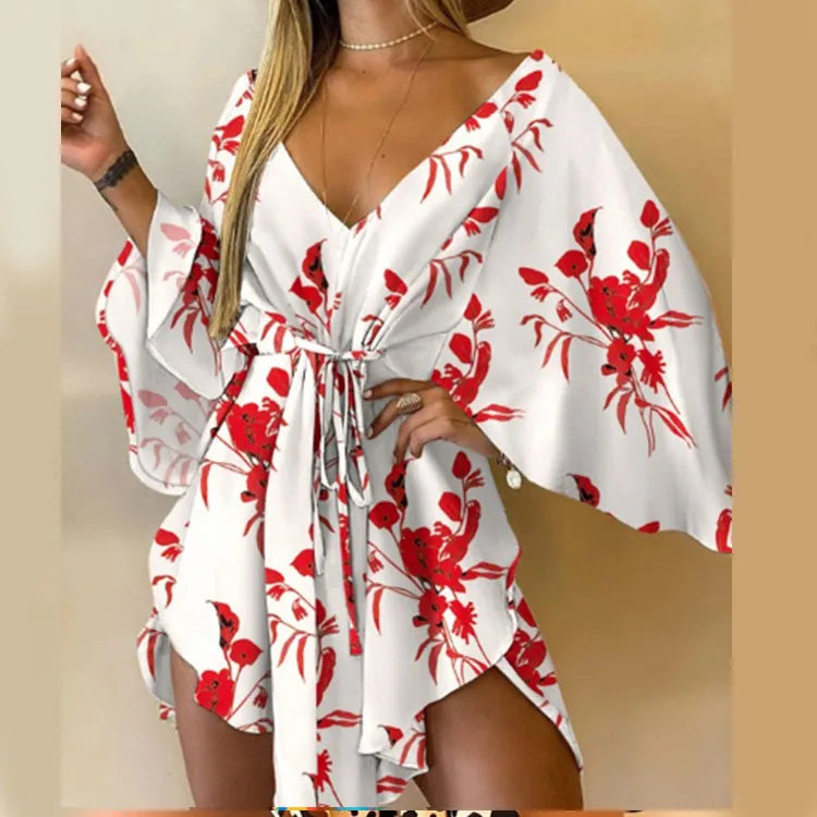 Frauen Print Kleid Sexy V-ausschnitt Fledermaus Ärmel Rüschen Blumen Drucken Böhmischen Strand Sommerkleid Damen Lose Sommer Urlaub Mini Kleider