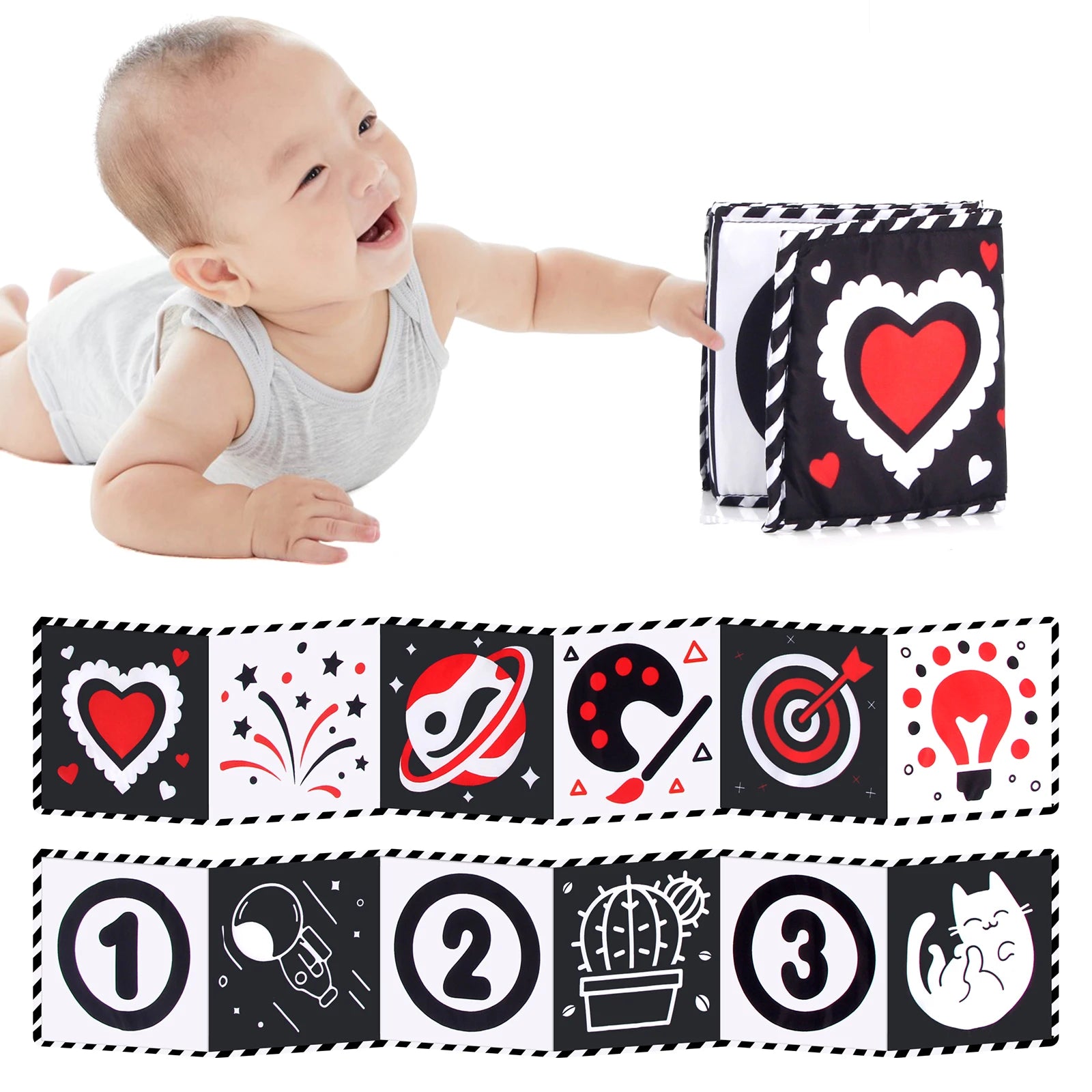 Baby Stoffbuch Hochkontrast-Babyspielzeug 0M+ Neugeborenen-Krippenspielzeug Schwarz-Weiß Tier-Sensorik-Stoffbücher Montessori-Spielzeug