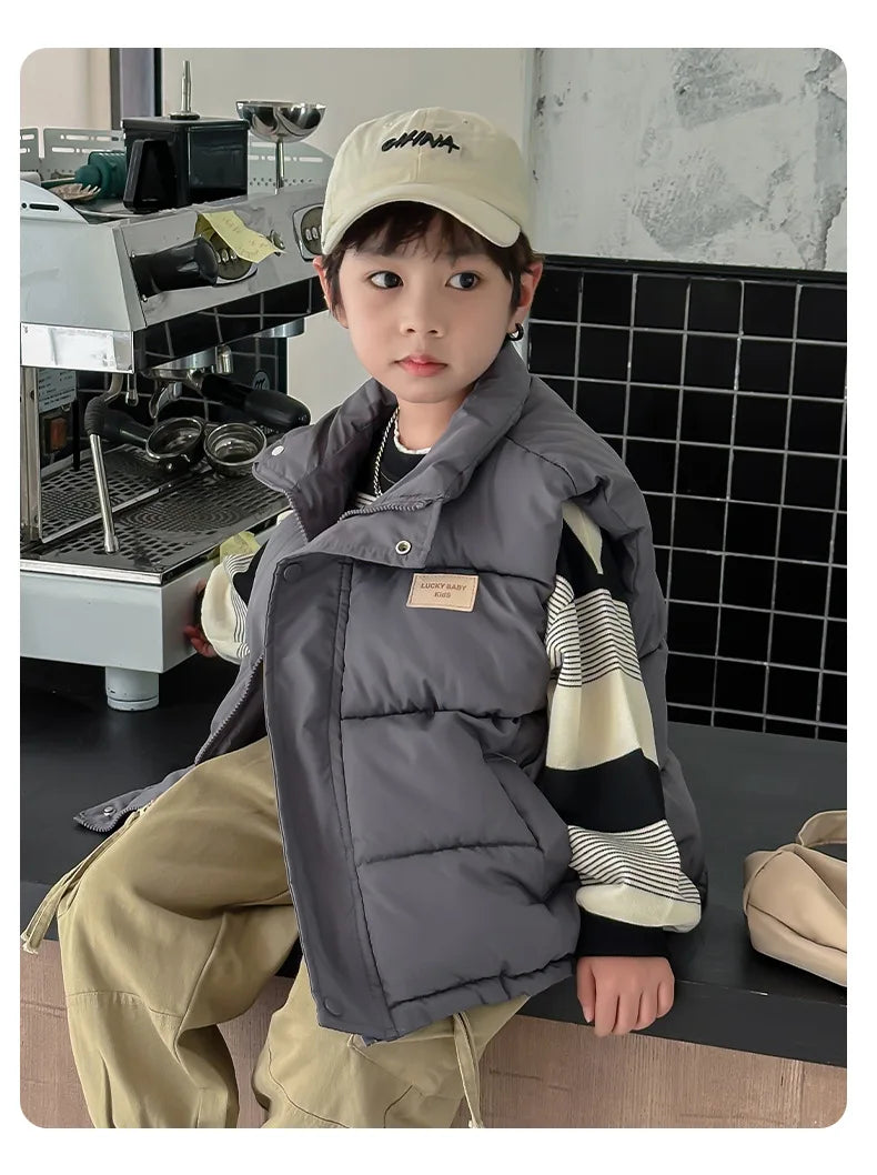 Weste für Teenager, Jungen und Mädchen, Frühling und Herbst, einfarbig, dick, warmhaltend, Stehkragen, für Kinder von 4-14 Jahren, Winter-Baumwoll-Daunenjacke