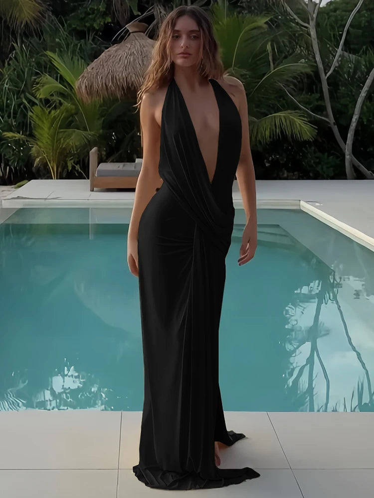 Sisterlinda Sexy High Splits Langes Kleid Frauen Halter Tiefem V-ausschnitt Backless Ärmellose Sommer Pool Party Geraffte Elegante Vestidos