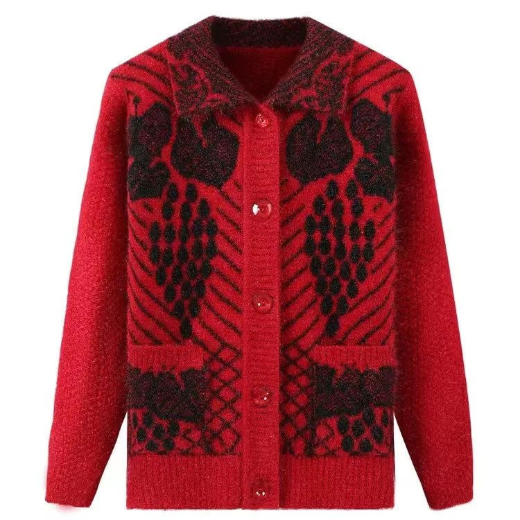 Lässiger Stil Dicker Jacquard-Strick-Cardigan für Ältere Frauen Warmer Mantel für Mütter und Großmütter