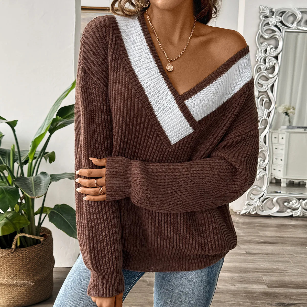 Frauen Invierno Pull Automne Femme Modische V-ausschnitt Lange ärmeln Lose Einfarbig Spleißen Pullover Pullover Herbst Modus Damen