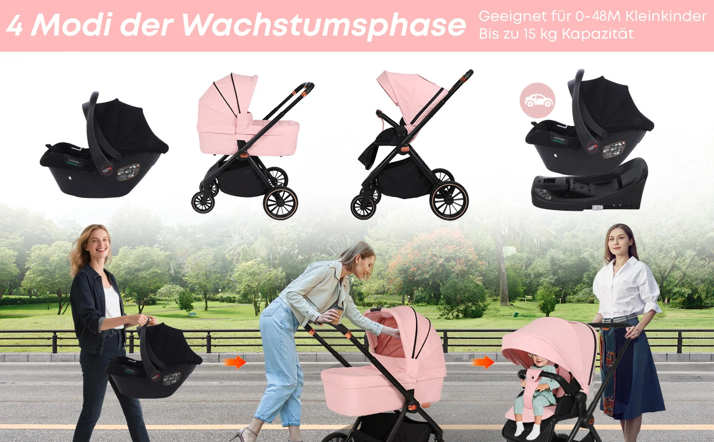 4-in-1-Kinderwagen mit Babyschale und ISOFIX-Basis, multifunktionaler, umkehrbarer Kinderwagen für Neugeborene, Hochsitz-Reisesystem