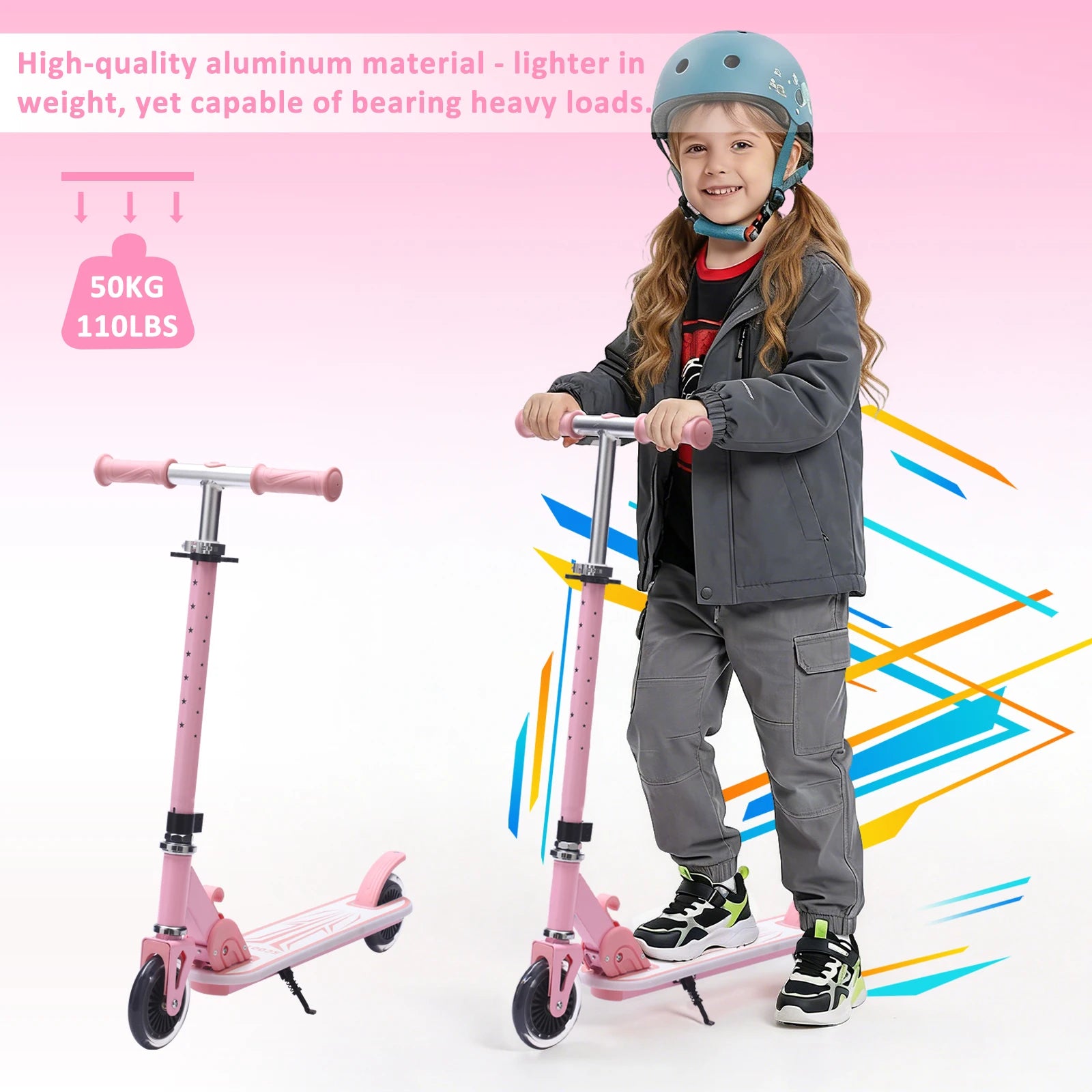 Kinderroller mit Ein-Klick-Faltmechanismus, 4-fach verstellbarer Lenker 75-90cm, Hinterradbremse, bunte Leuchträder & Pedale, 4,34-Zoll-Reifen