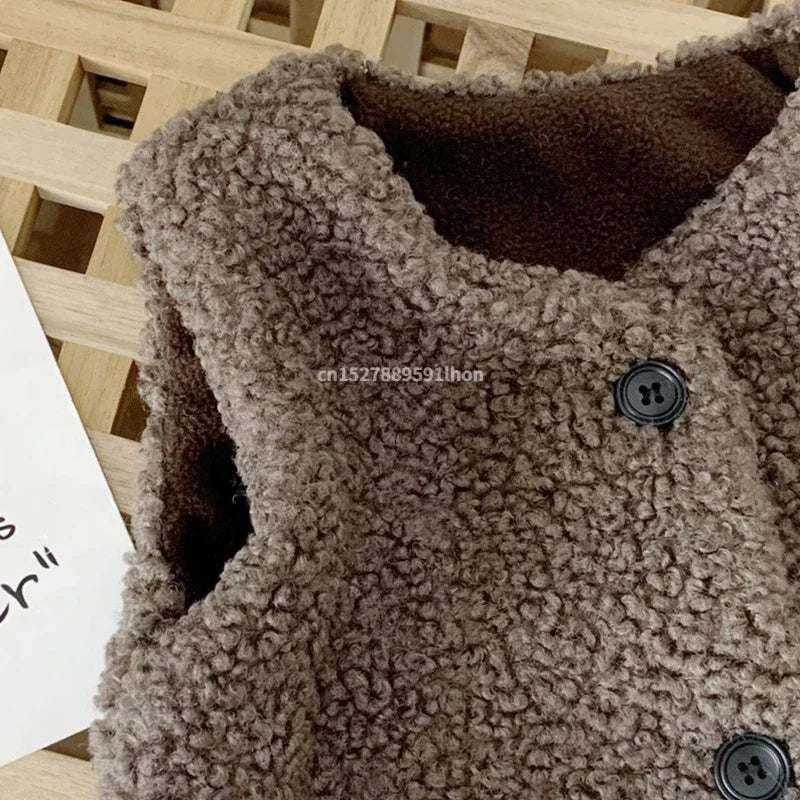 Herbst Winter Baby Lamm Wolle Plus Samt Weste Mädchen Jungen Plüsch Weste Einreiher V-ausschnitt Kind Warme Mode Warme Mantel