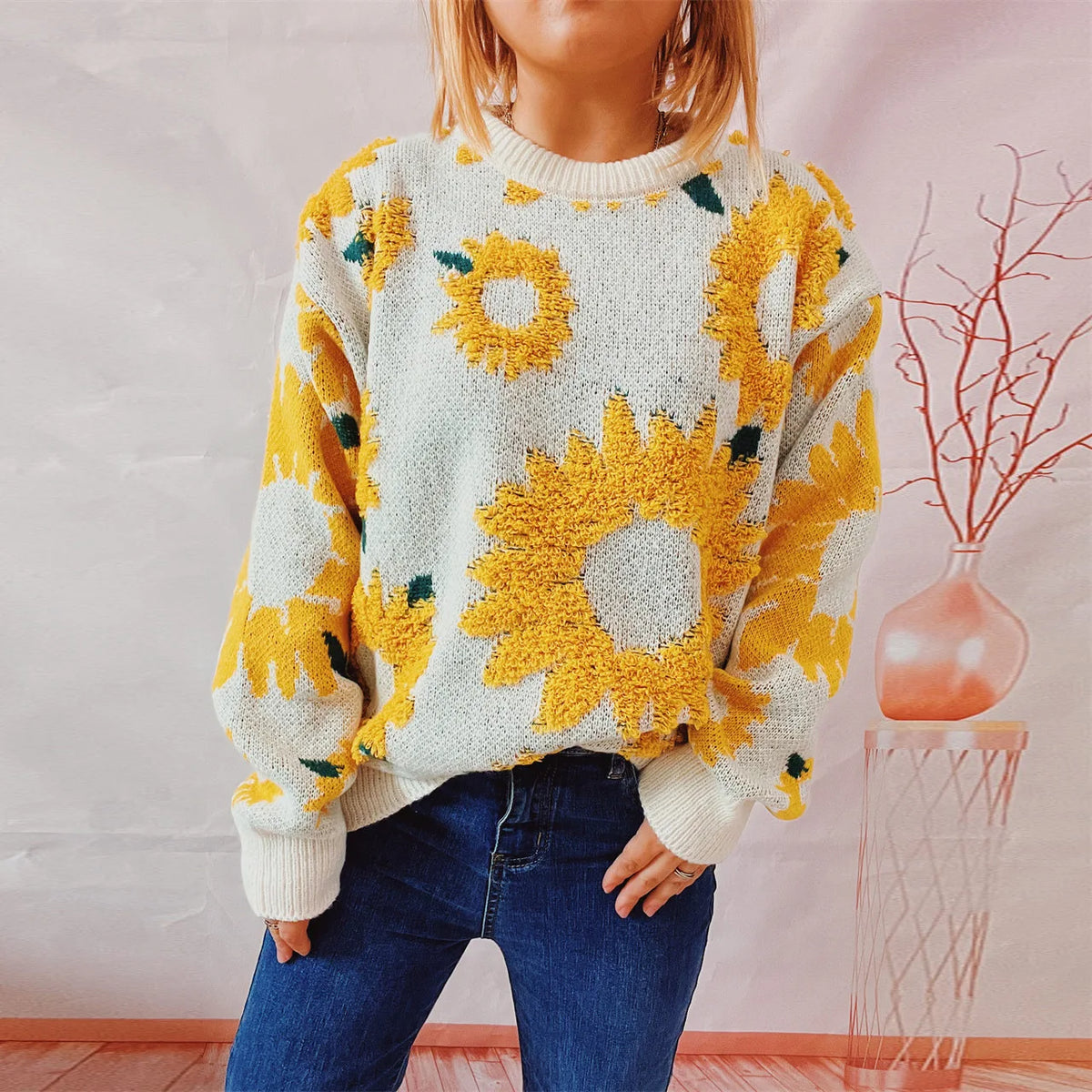 Damen Herbst Pullover Damen Mode Rundhalspullover mit Blumendruck, vielseitig einsetzbar für Herbst und Winter Herbst Pullover Damen
