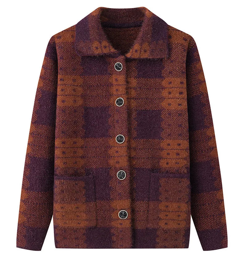 Casual Plaid Herbst Winter Kleidung Mittleren Alters Mutter Pullover Strickwaren Tops Verdicken Oma Warm Woolen Mantel Frauen Strickjacke