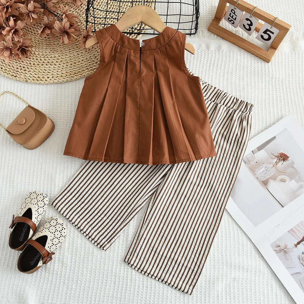 Bear Leader Baby-Mädchen-Freizeitkleidung, Rundhalsausschnitt, ärmelloses Polka-Dot-Oberteil + Hose mit weitem Bein, 2-teiliges Set mit Schleife und Knopf