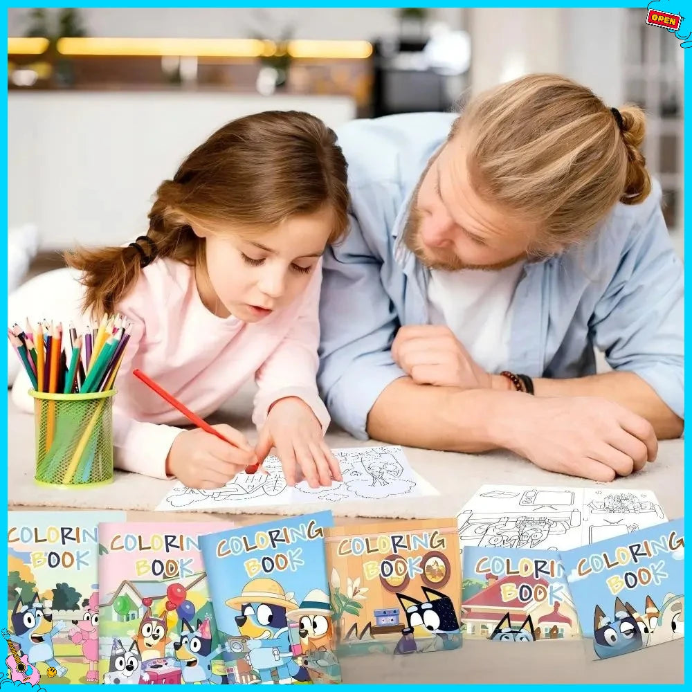 12er-Set Bluey Blue Dog DIY Malbuch für Feiertage und Partys, farbenfrohes Stoff-Zeichenbuch, halbierbares Bilderbuch, Graffiti-Malbuch