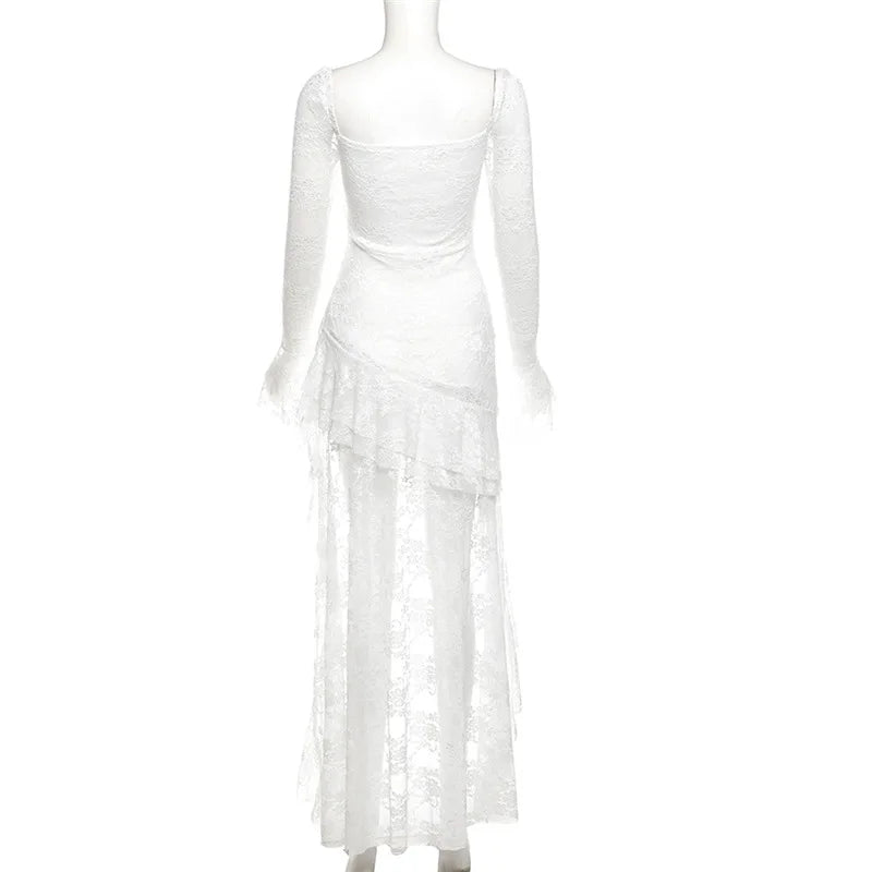 Gothic Dark Fairycore Spitzenkleid mit ausgestellten Ärmeln, eckigem Ausschnitt, A-Linie, süßes E-Girl-Kleid mit unregelmäßigem langem Saum, Cyber Y2K Party-Kleid