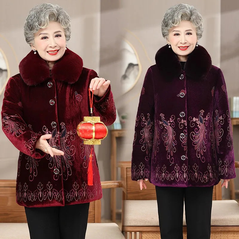 Winter-Damenjacke mit Baumwollpolsterung, 50 bis 80 Jahre alt, Oma-Mantel, dicker Samt, warm, mittleres Alter, Mutterpositionierung, Blumenparka