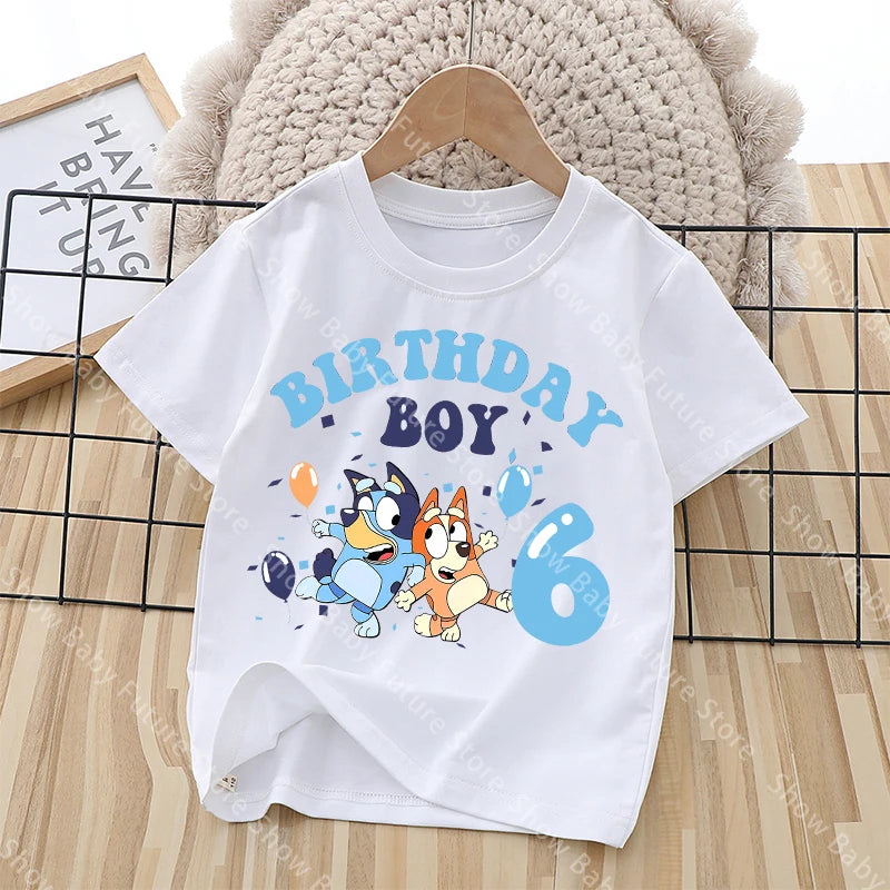 Cartoon Blueys Es ist mein Geburtstag Nummer 1-9 T-Shirt für Jungen Mädchen Sommer Kawaii Baumwollkleidung Oberteile Anime Kurzarm Süßes Geschenk