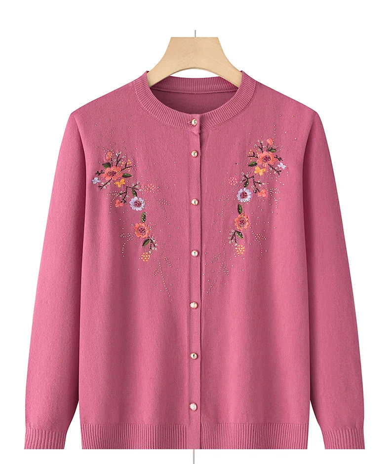 Mittleren Alters und ältere Frauen Stickerei Strickjacke Jacke einreiher schlanke Pullover Mantel dünne Frühling Oma Kleidung