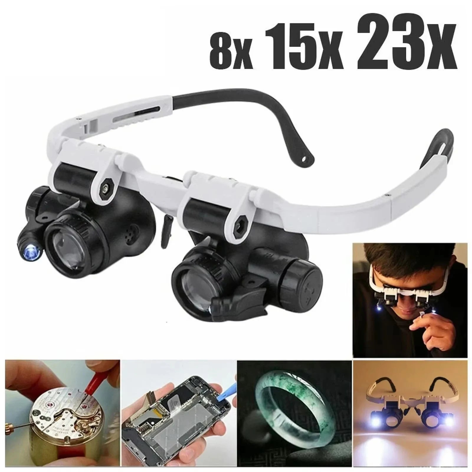2XLED Uhr Juwelier Reparatur Lupe Kopf-Montiert Stirnband Einstellbare Vergrößerungs Kopf Brillen Lupe Objektiv 8X 15X 23X