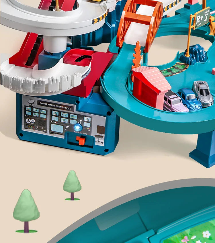 Elektrische Schienenauto Dinosaurier Gebäude Parkplatz Abenteuer Racing Schienenauto Spielzeug Kinder Gehirn Mechanische Interaktive Schienenautos