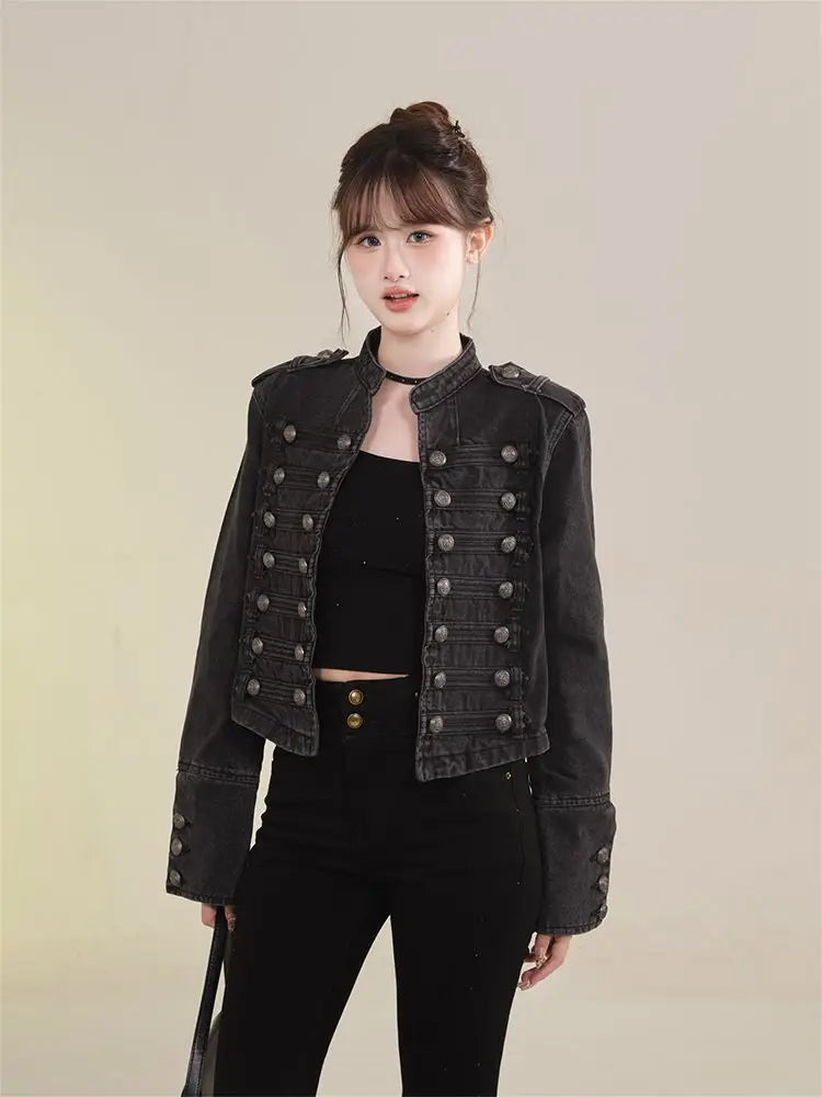 Damenbekleidung Kurzmantel Neue Jeansjacke Retro-Knopfdesign Schlanker Stehkragen Lange Ärmel Jeansoberteil Jacke Kurzmantel