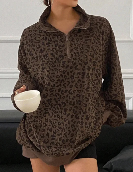 Damen Stehkragen Leopardenmuster Half Zip Mode Pullover Langarm Sweatshirt Herbst Winter Sudaderas Herbst Pullover Damen