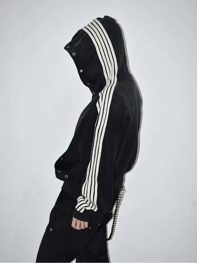 Kurze Kapuzenjacke mit Reißverschluss für Junge Männer, Oversized mit Fallenden Schultern, Gestreiften Ärmeln, Ösen-Taschen, Vintage-Schriftzug, Dunkler Street-Style für Teenager