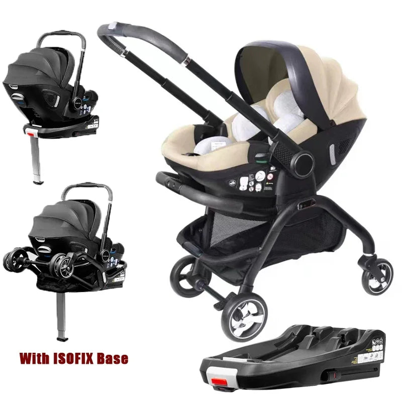 4-in-1 Kinderwagen, Luxuriöser Tragbarer Leichter Babywagen mit ISOFIX-Basis und Kindersitz für Neugeborene