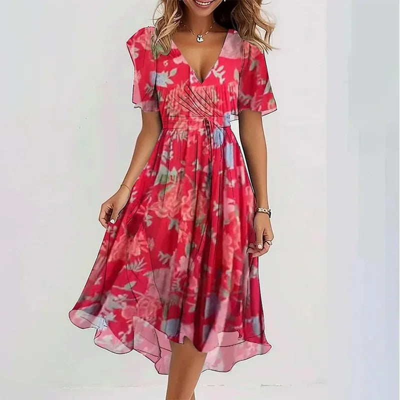 Elegantes und modisches bedrucktes knielanges Kleid für Damen 2026 – Neues, lockeres, lässiges V-Ausschnitt-Kleid mit Blumenmuster für Frauen
