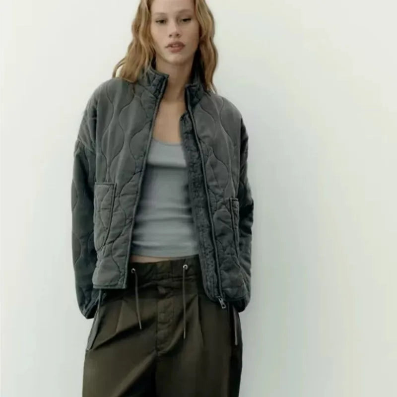 Damen Polyester Gefütterte Jacke 2026 Neuerscheinung Vintage Lenzing Rayon Hochkragen Große Tasche Dekorativer Gesteppter Mantel für Frauen