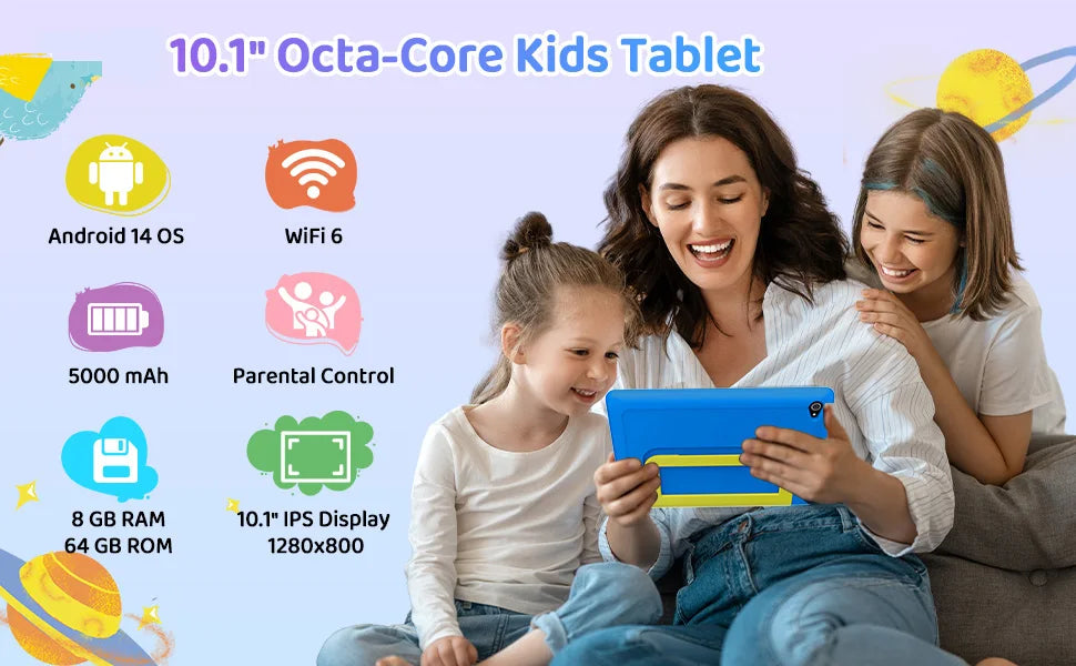 URAO 10 Zoll Android 15 Tablet mit Cartoon-Muster Kinder-Tablet 20GB RAM 64GB ROM Lern- und Spiele-Tablets Kindergeschenke