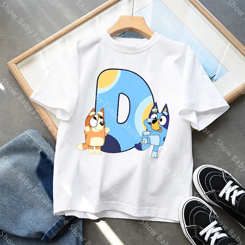 Blueys T-Shirt für Jungen und Mädchen, Cartoon-Buchstaben A-Z, Namenskleidung, Oberteile, Sommer, atmungsaktiv, niedliches Anime-Kurzarmshirt, neue Geburtstagsgeschenke