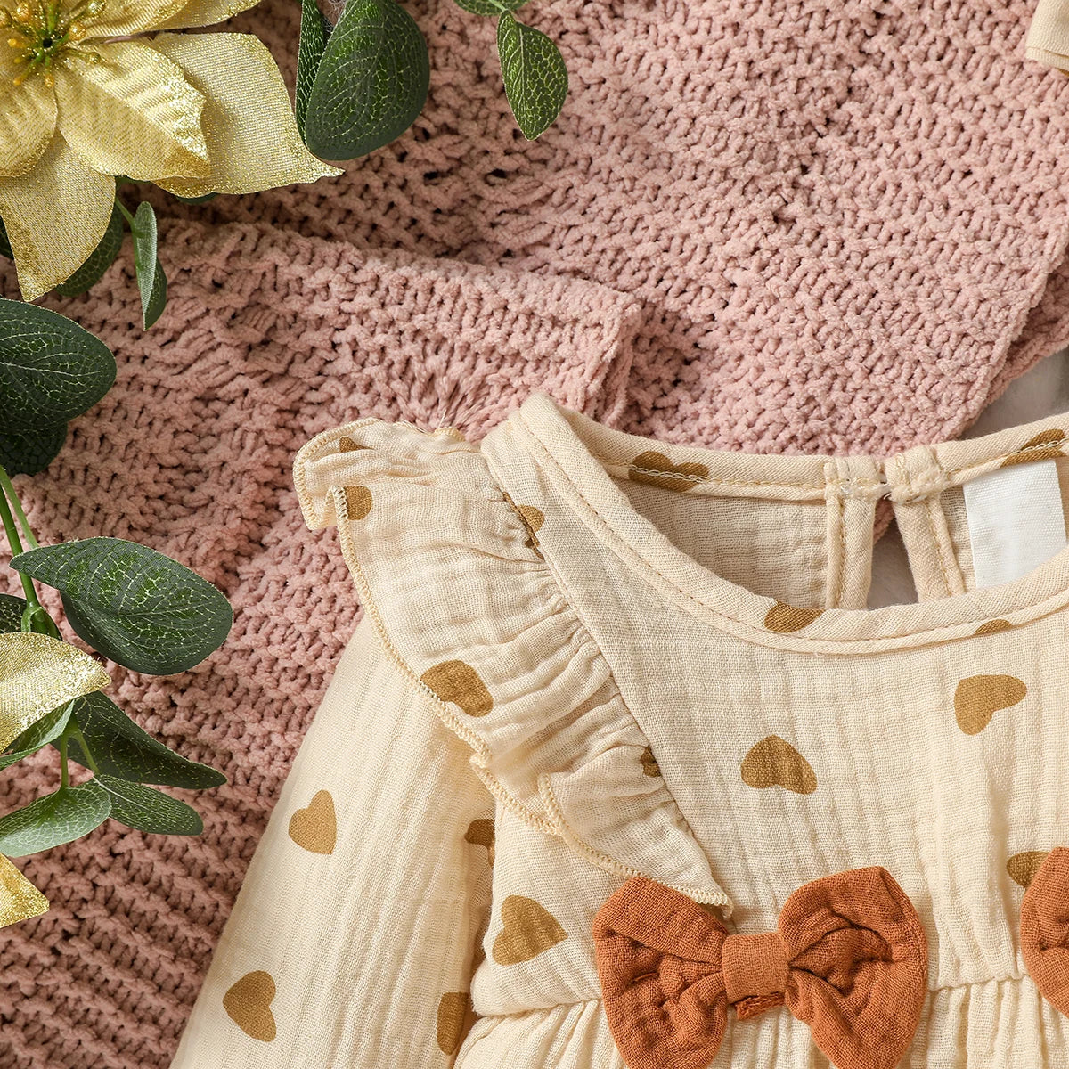 Baby-Mädchen-Overall für alle Jahreszeiten, langärmelig, mit Blumenmuster und Schleife, täglicher Overall für Neugeborene, 6 Monate Kleidung + Stirnband