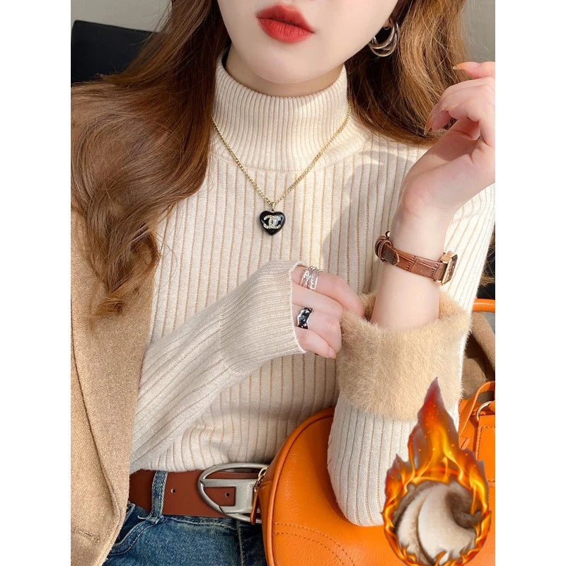 Damen Rollkragenpullover Winter 2026 Retro mit Samtfutter Verdicktes Thermounterhemd Strickpullover